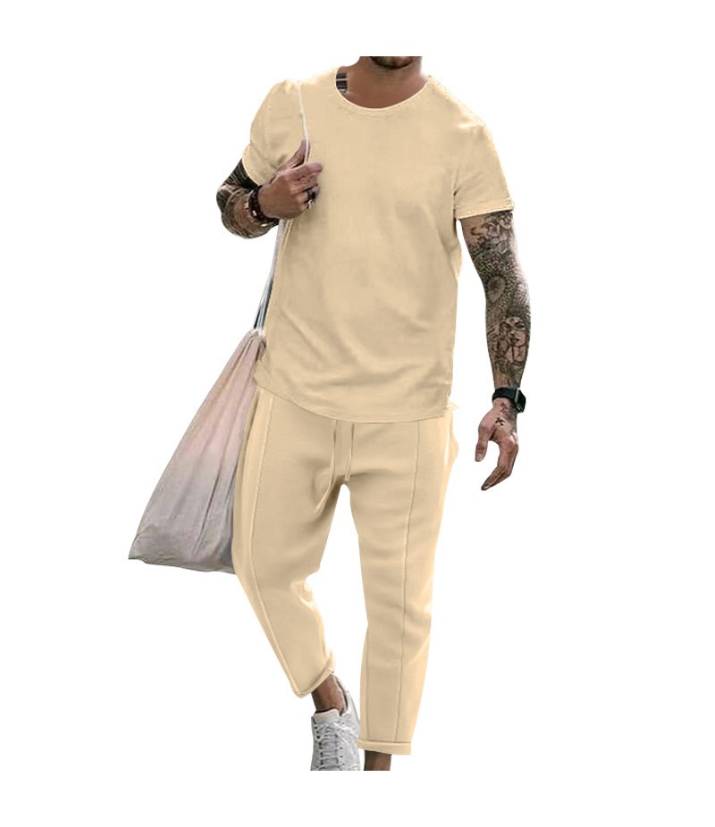 Men Casual Round Neck Short-Sleeved Solid Color T-Shirt And Trousers Two-Piece Set