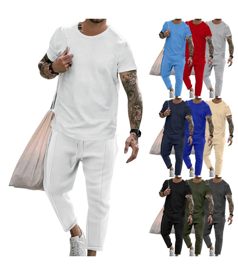 Men Casual Round Neck Short-Sleeved Solid Color T-Shirt And Trousers Two-Piece Set