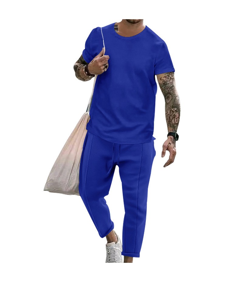 Men Casual Round Neck Short-Sleeved Solid Color T-Shirt And Trousers Two-Piece Set