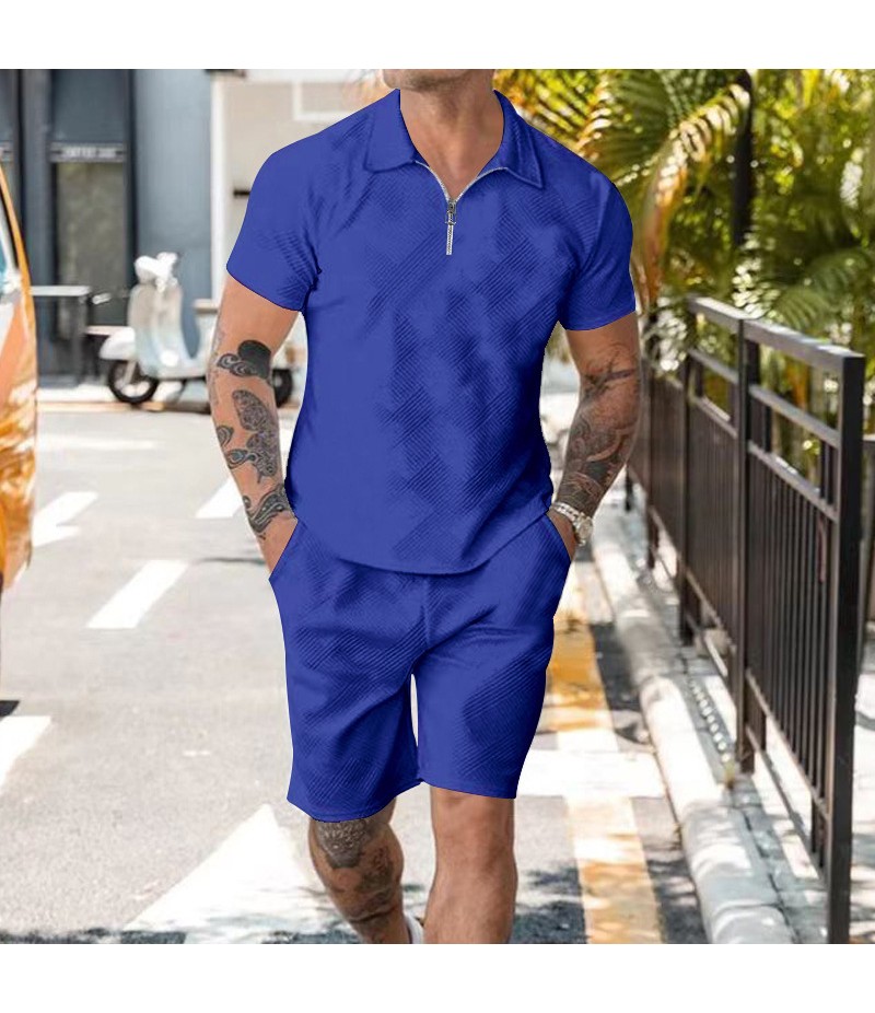 Men Fashion Lapel Jacquard Zipper Short-Sleeved Polo Shirt And Shorts Two-Piece Set