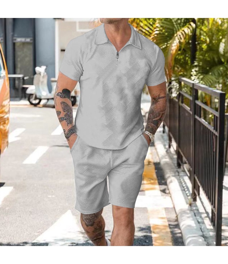 Men Fashion Lapel Jacquard Zipper Short-Sleeved Polo Shirt And Shorts Two-Piece Set