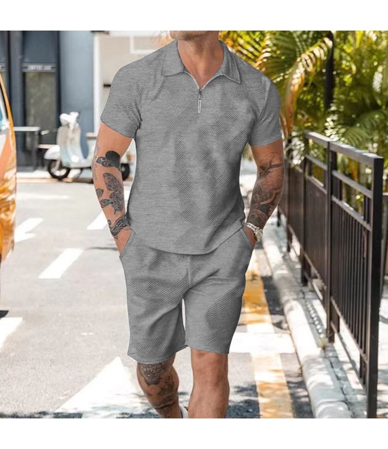 Men Fashion Lapel Jacquard Zipper Short-Sleeved Polo Shirt And Shorts Two-Piece Set