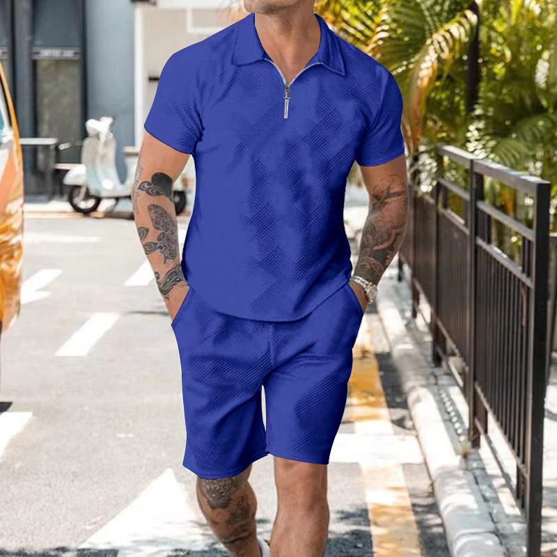 Men Fashion Lapel Jacquard Zipper Short-Sleeved Polo Shirt And Shorts Two-Piece Set