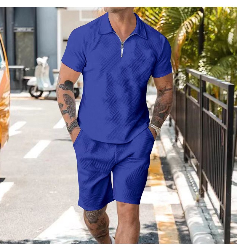 Men Fashion Lapel Jacquard Zipper Short-Sleeved Polo Shirt And Shorts Two-Piece Set