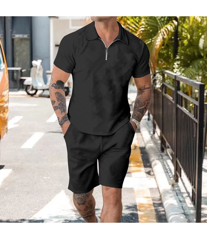 Men Fashion Lapel Jacquard Zipper Short-Sleeved Polo Shirt And Shorts Two-Piece Set