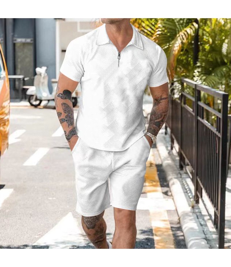 Men Fashion Lapel Jacquard Zipper Short-Sleeved Polo Shirt And Shorts Two-Piece Set