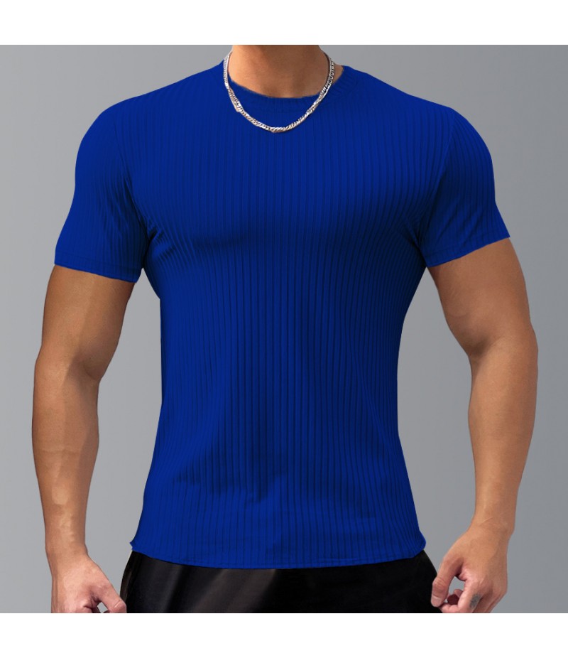 Men Fashion Casual Solid Color Striped Cotton Short Sleeve Round Neck T-Shirt