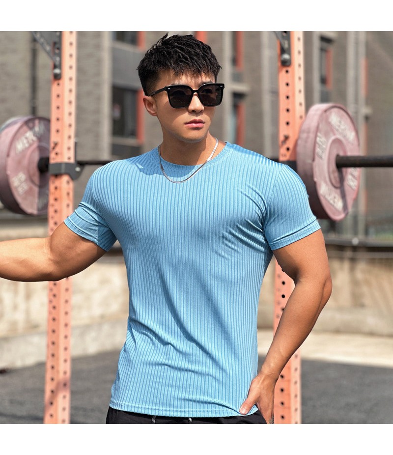 Men Fashion Casual Solid Color Striped Cotton Short Sleeve Round Neck T-Shirt