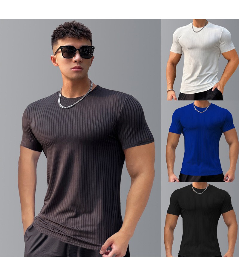 Men Fashion Casual Solid Color Striped Cotton Short Sleeve Round Neck T-Shirt