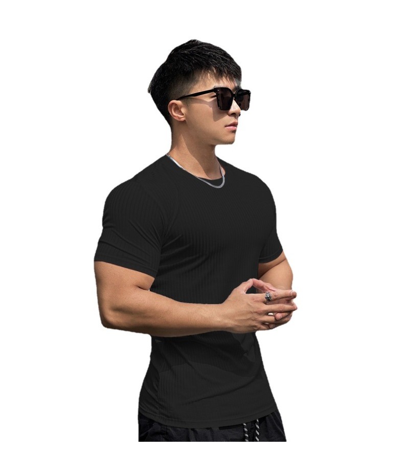 Men Fashion Casual Solid Color Striped Cotton Short Sleeve Round Neck T-Shirt