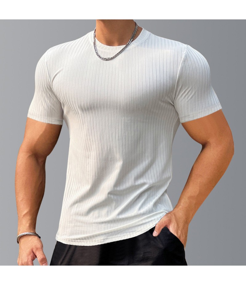 Men Fashion Casual Solid Color Striped Cotton Short Sleeve Round Neck T-Shirt