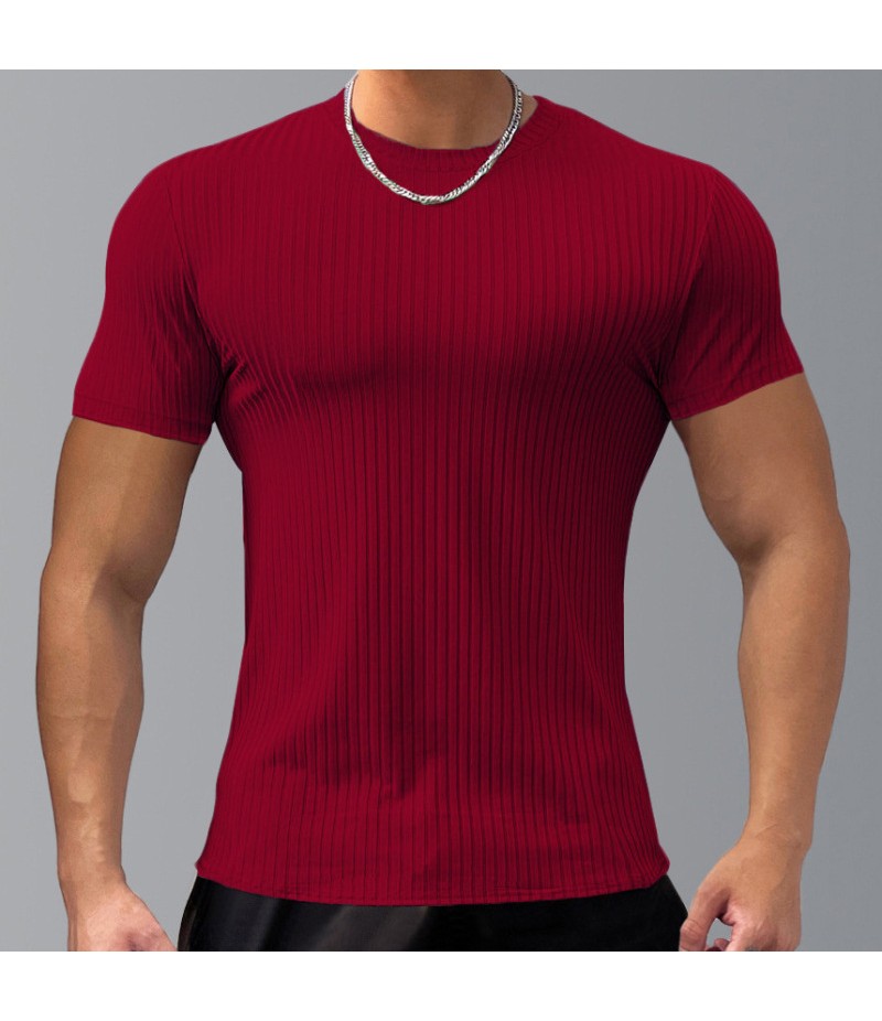 Men Fashion Casual Solid Color Striped Cotton Short Sleeve Round Neck T-Shirt