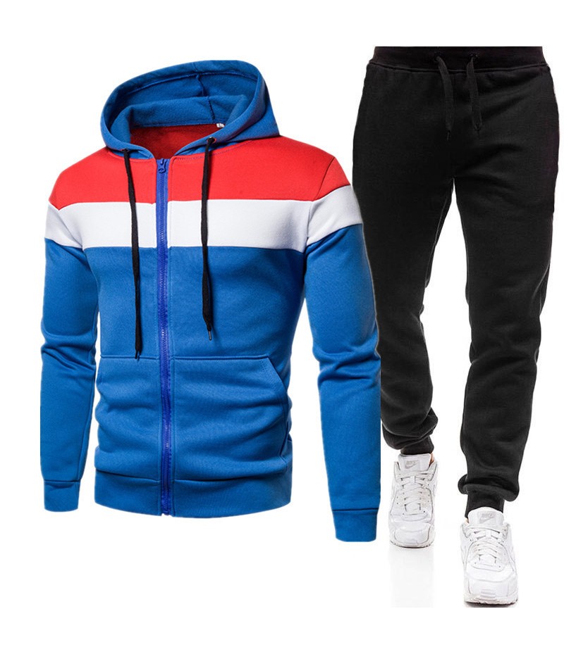 Men Spring Autumn Leisure Sports Color Matching Fleeces Zipper Hoodies Pants Sets