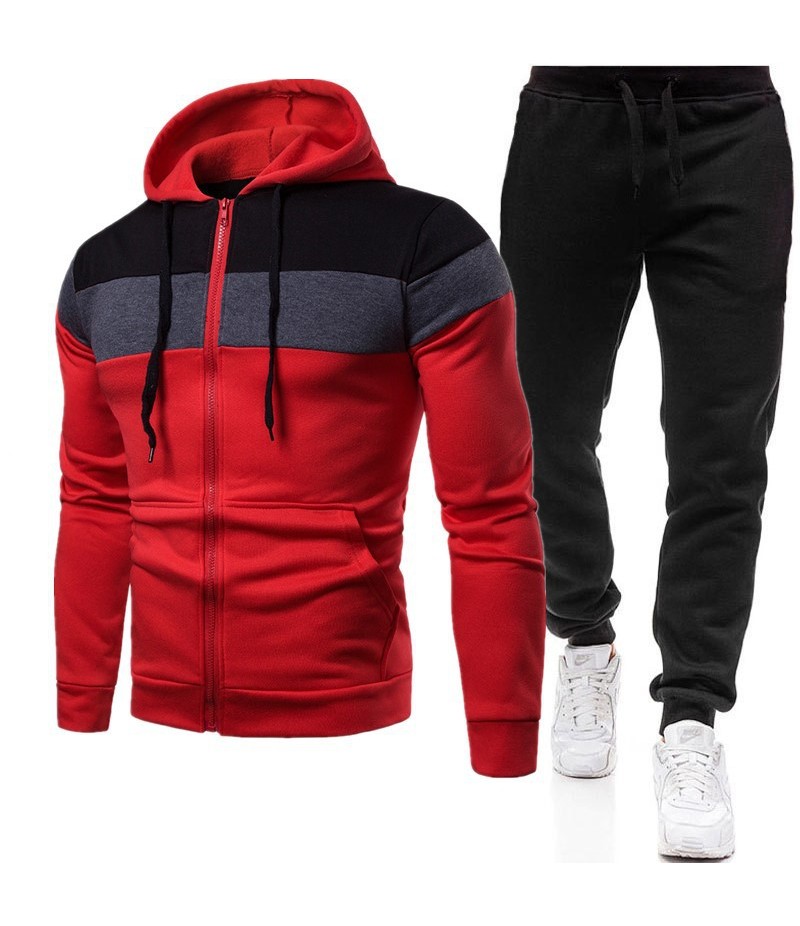 Men Spring Autumn Leisure Sports Color Matching Fleeces Zipper Hoodies Pants Sets