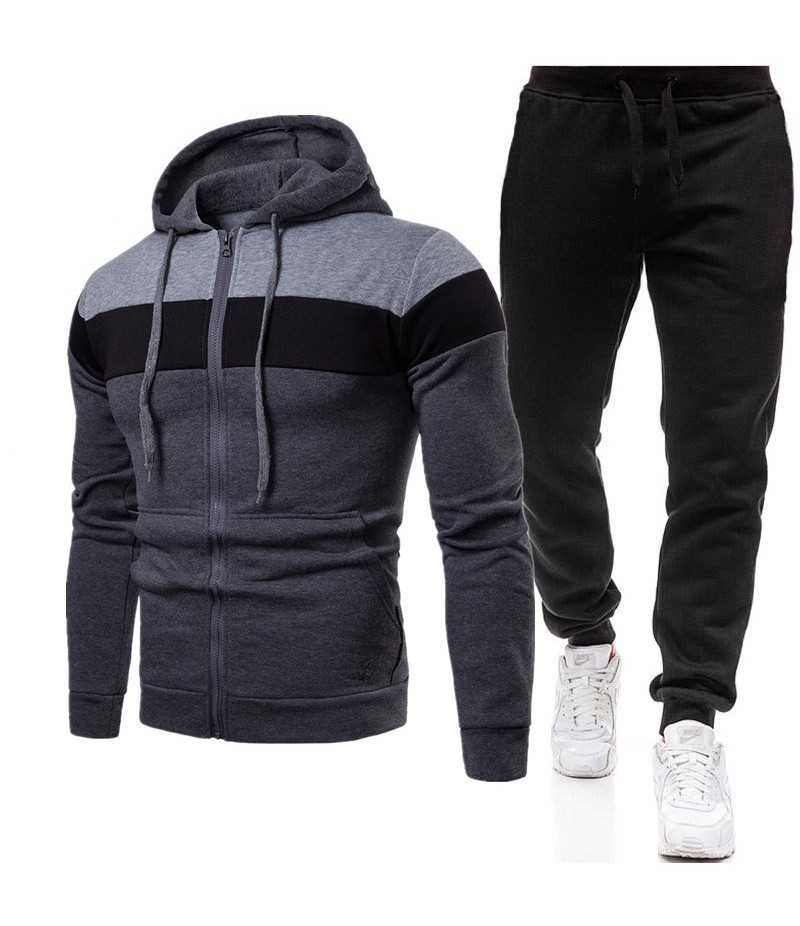 Men Spring Autumn Leisure Sports Color Matching Fleeces Zipper Hoodies Pants Sets