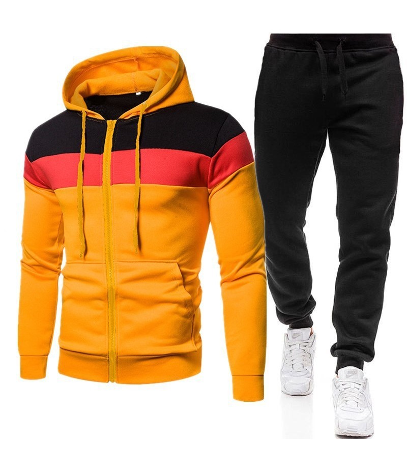 Men Spring Autumn Leisure Sports Color Matching Fleeces Zipper Hoodies Pants Sets