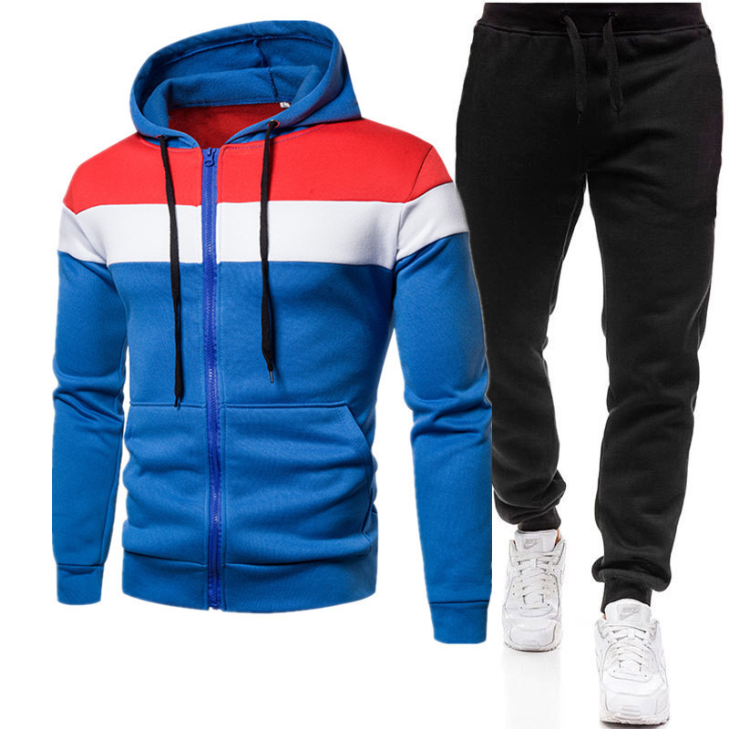 Men Spring Autumn Leisure Sports Color Matching Fleeces Zipper Hoodies Pants Sets