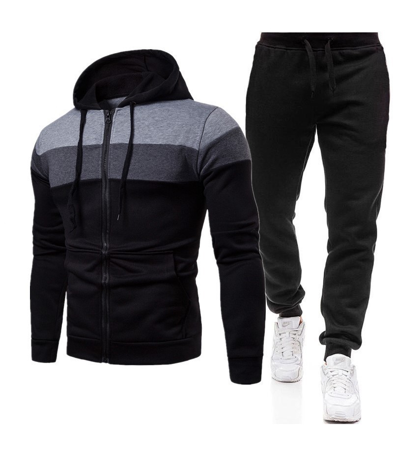 Men Spring Autumn Leisure Sports Color Matching Fleeces Zipper Hoodies Pants Sets