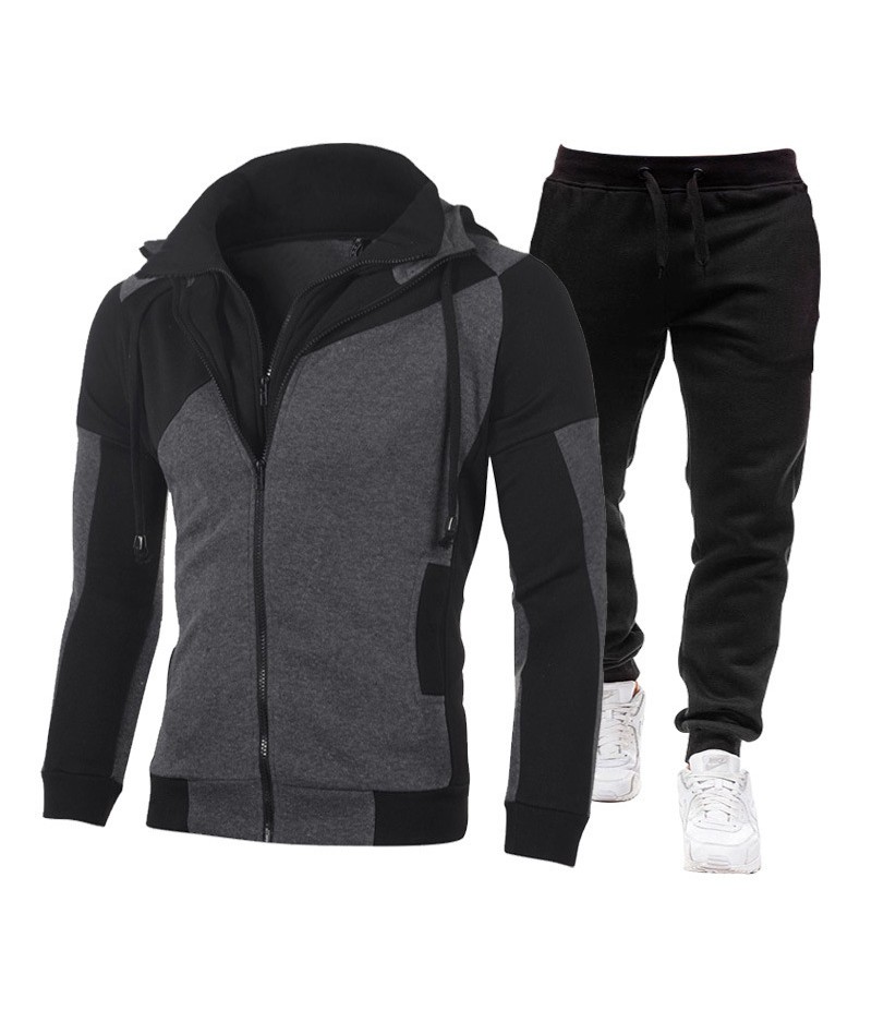 Men Spring Autumn Fashion Casual Color Matching Zipper Hoodies Pants Sets