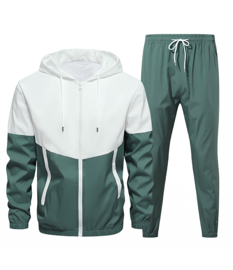 Men Spring Autumn Casual Sports Colorblock Hooded Long Sleeve Zipper Coat Trousers Plus Size Sets