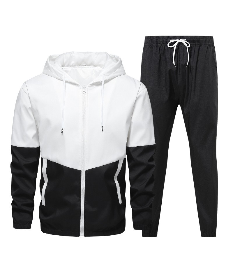 Men Spring Autumn Casual Sports Colorblock Hooded Long Sleeve Zipper Coat Trousers Plus Size Sets