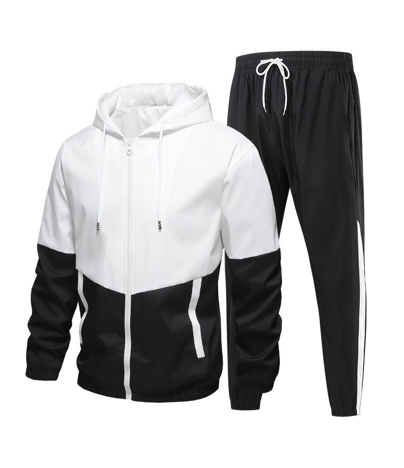 Men Spring Autumn Casual Sports Colorblock Hooded Long Sleeve Zipper Coat Trousers Plus Size Sets