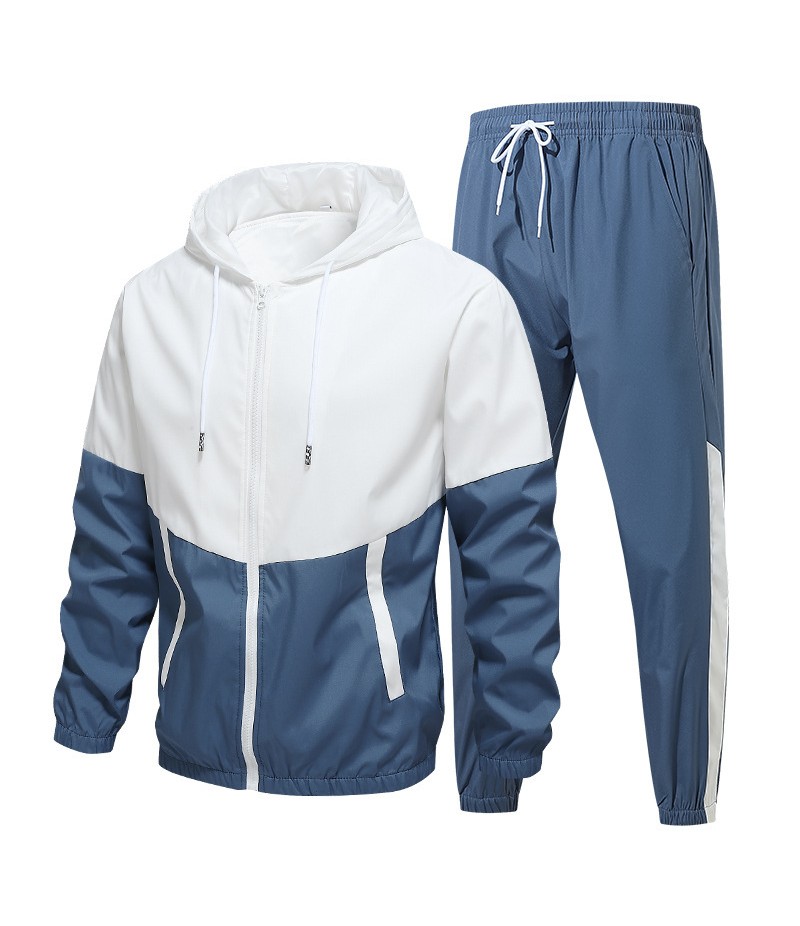 Men Spring Autumn Casual Sports Colorblock Hooded Long Sleeve Zipper Coat Trousers Plus Size Sets