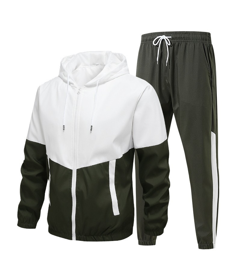 Men Spring Autumn Casual Sports Colorblock Hooded Long Sleeve Zipper Coat Trousers Plus Size Sets