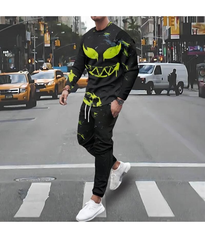 Men Fashion Casual Personality 3D Print Plus Size Long Sleeve Round Neck Sweatshirts Trousers Sets