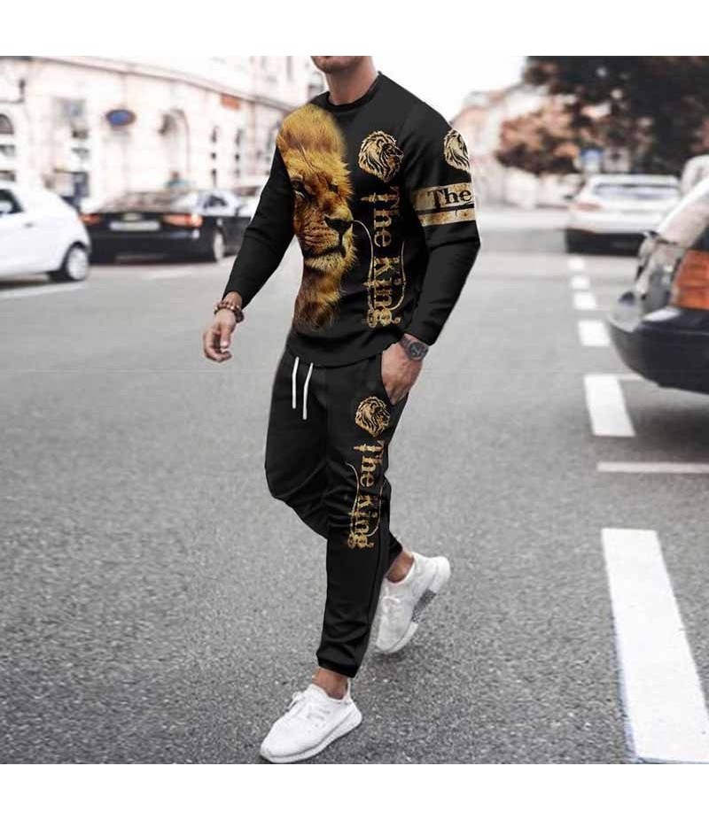 Men Fashion Casual Personality 3D Print Plus Size Long Sleeve Round Neck Sweatshirts Trousers Sets