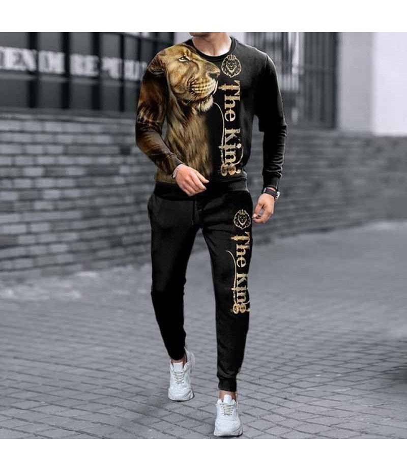 Men Fashion Casual Personality 3D Print Plus Size Long Sleeve Round Neck Sweatshirts Trousers Sets