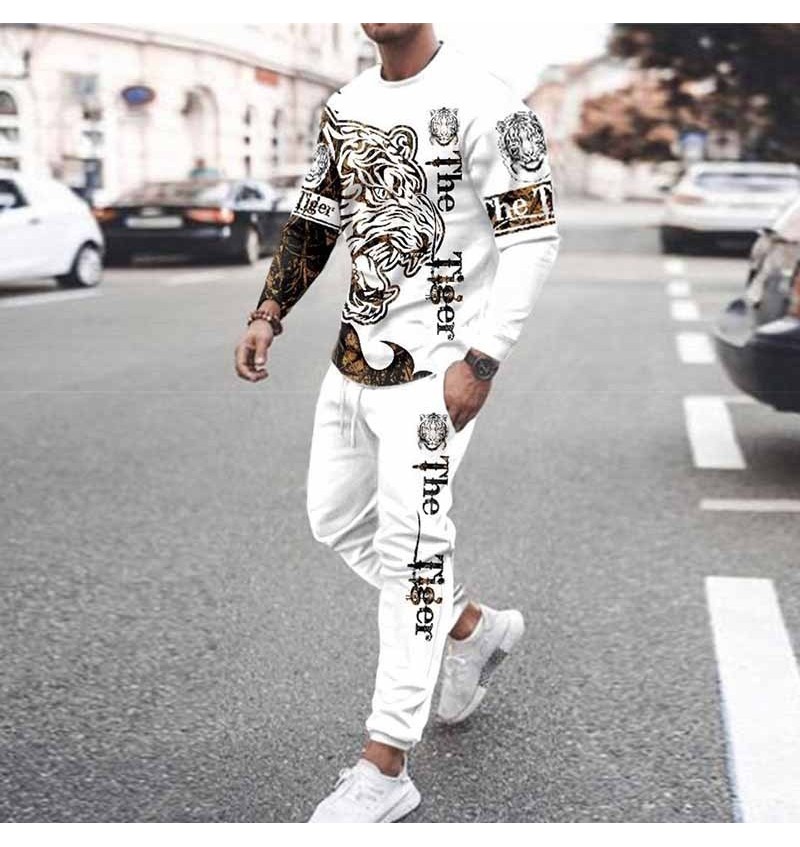 Men Fashion Casual Personality 3D Print Plus Size Long Sleeve Round Neck Sweatshirts Trousers Sets