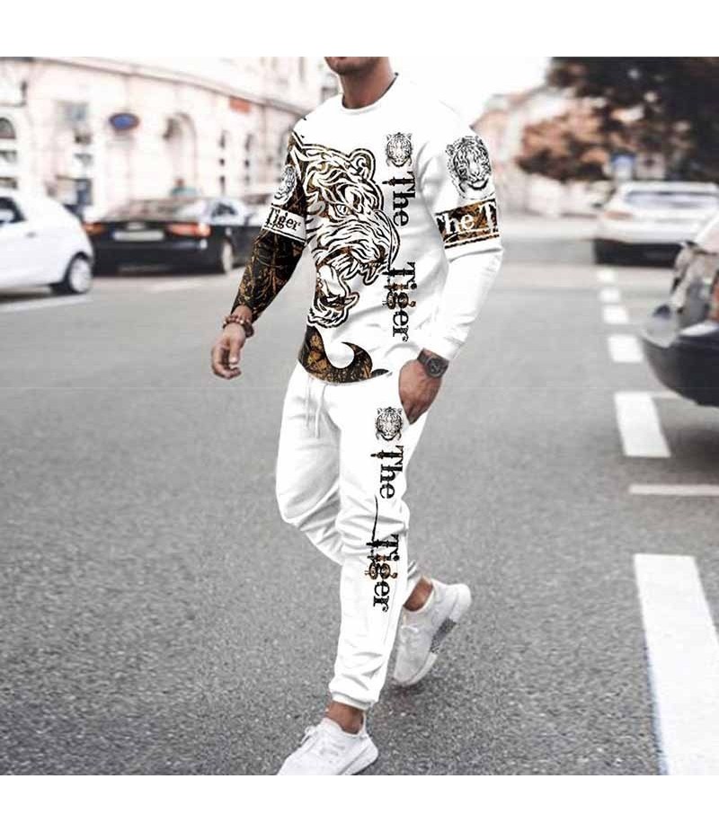 Men Fashion Casual Personality 3D Print Plus Size Long Sleeve Round Neck Sweatshirts Trousers Sets