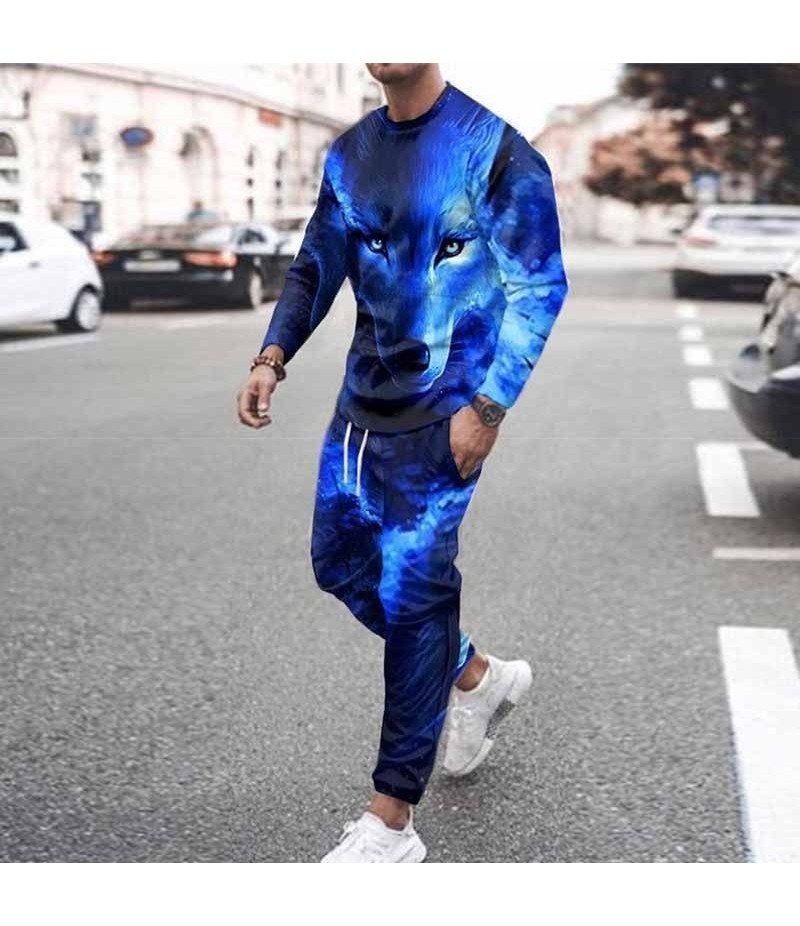 Men Fashion Casual Personality 3D Print Plus Size Long Sleeve Round Neck Sweatshirts Trousers Sets