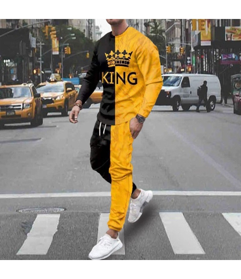 Men Fashion Casual Personality 3D Print Plus Size Long Sleeve Round Neck Sweatshirts Trousers Sets