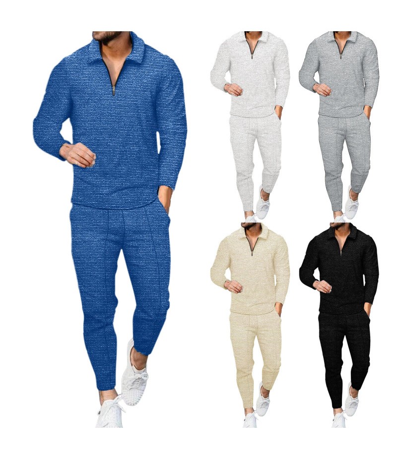 Men Fashion Casual Basic Solid Color Waffle Long Sleeve Lapel Zipper Coat Trousers Set