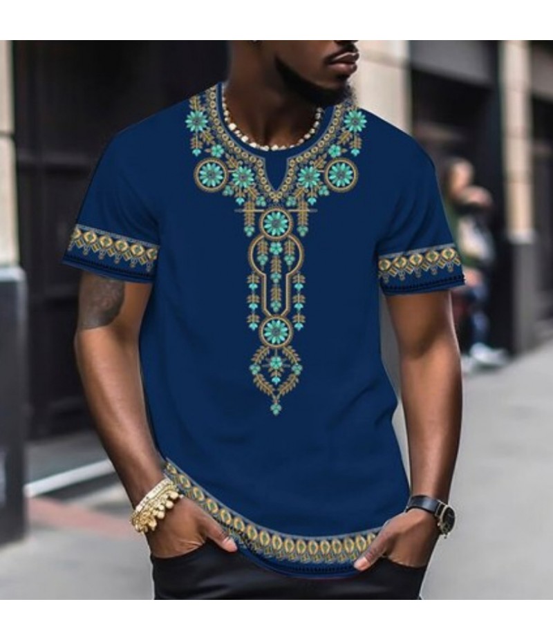 Men Fashion Casual Holiday Ethnic Style 3D Print Plus Size Short Sleeve Round Neck T-Shirt