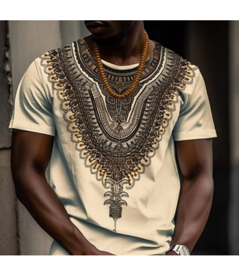 Men Fashion Casual Holiday Ethnic Style 3D Print Plus Size Short Sleeve Round Neck T-Shirt