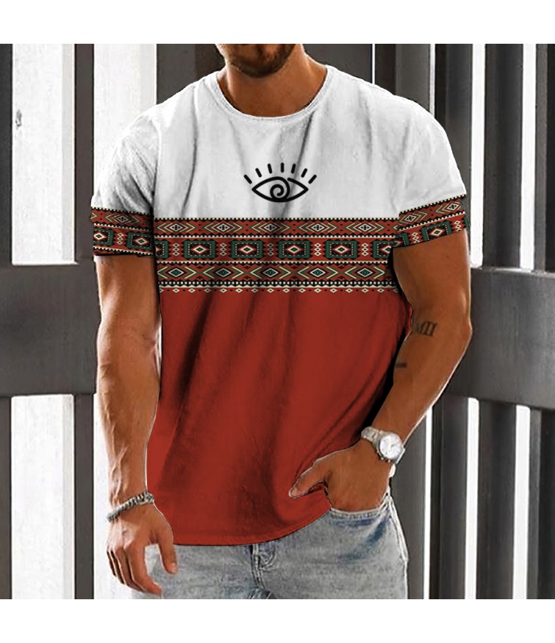 Men Fashion Casual Holiday Ethnic Style 3D Print Plus Size Short Sleeve Round Neck T-Shirt