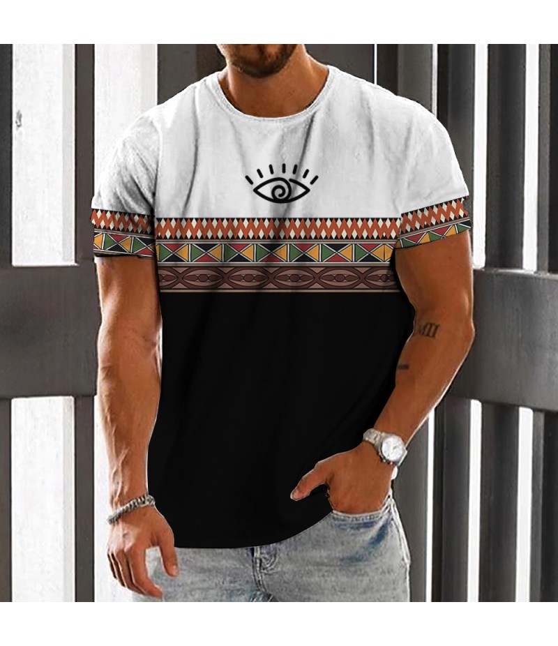 Men Fashion Casual Holiday Ethnic Style 3D Print Plus Size Short Sleeve Round Neck T-Shirt