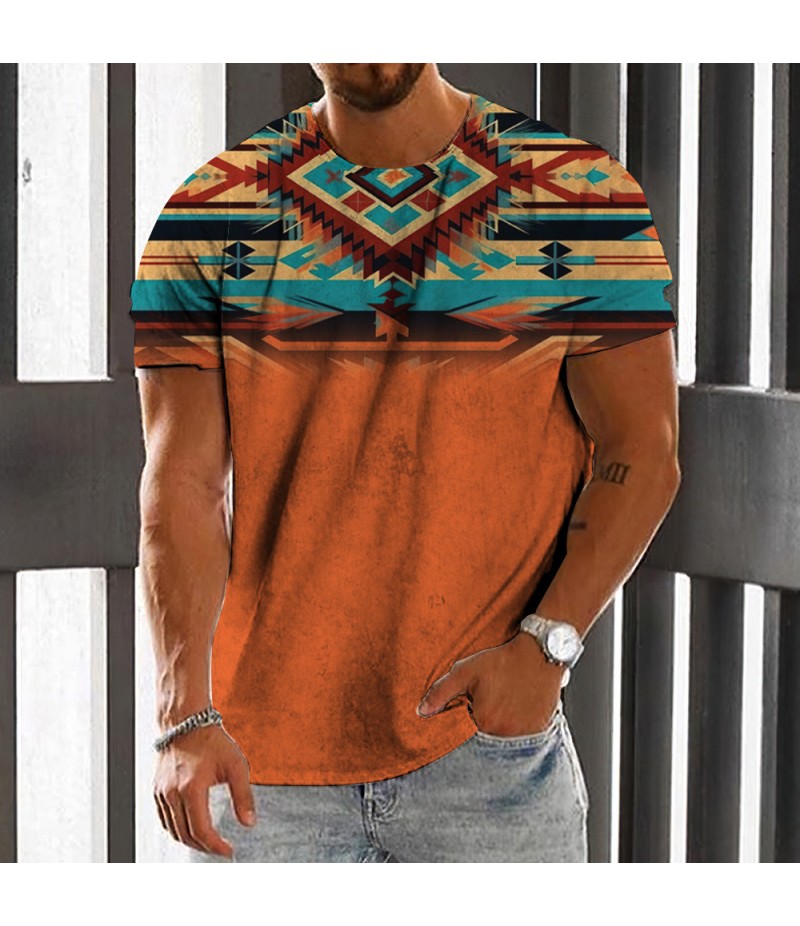 Men Fashion Casual Holiday Ethnic Style 3D Print Plus Size Short Sleeve Round Neck T-Shirt