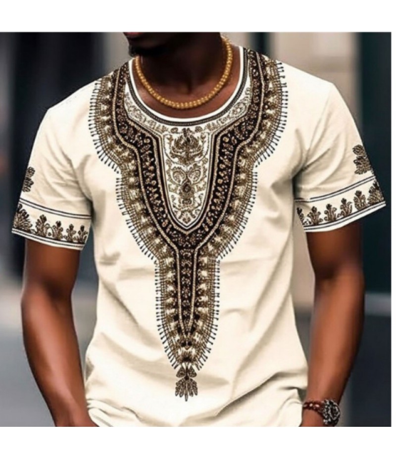 Men Fashion Casual Holiday Ethnic Style 3D Print Plus Size Short Sleeve Round Neck T-Shirt