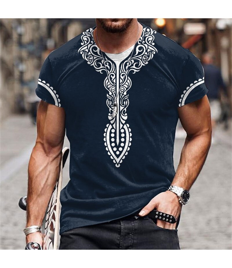 Men Fashion Casual Holiday Ethnic Style 3D Print Plus Size Short Sleeve Round Neck T-Shirt