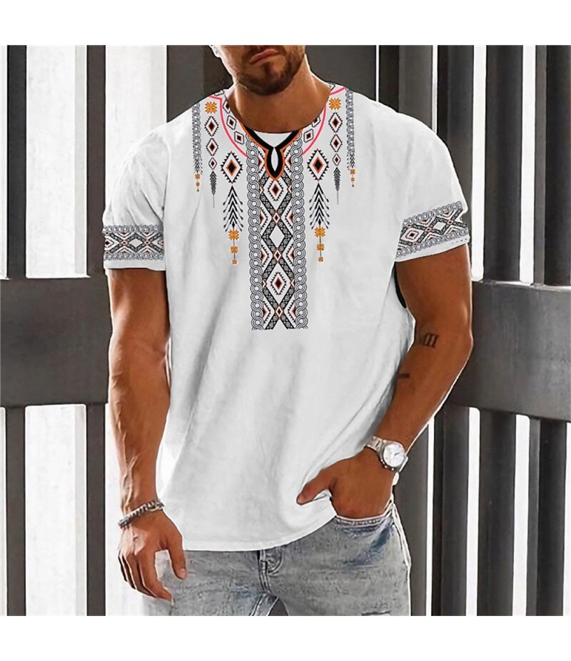 Men Fashion Casual Holiday Ethnic Style 3D Print Plus Size Short Sleeve Round Neck T-Shirt