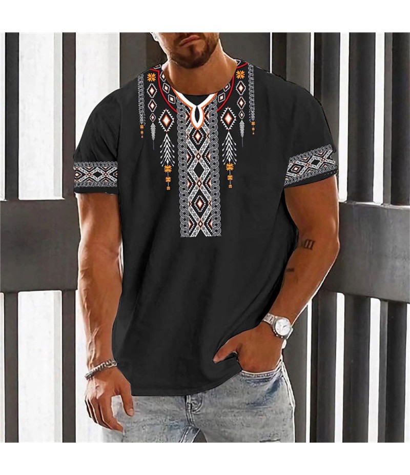 Men Fashion Casual Holiday Ethnic Style 3D Print Plus Size Short Sleeve Round Neck T-Shirt