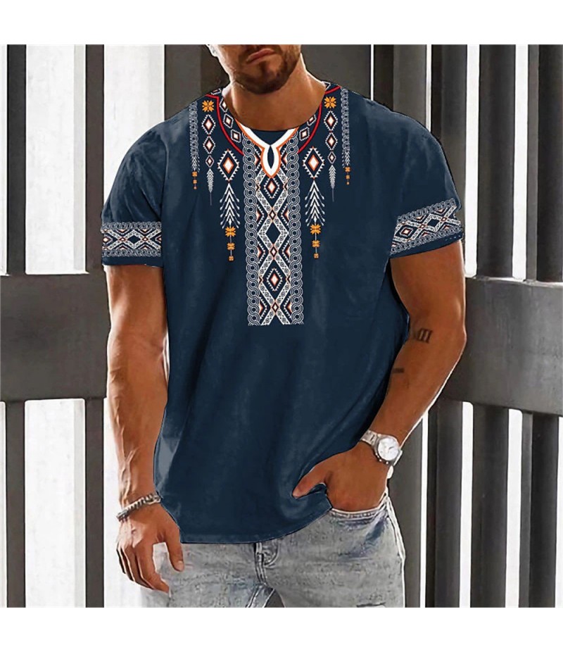 Men Fashion Casual Holiday Ethnic Style 3D Print Plus Size Short Sleeve Round Neck T-Shirt