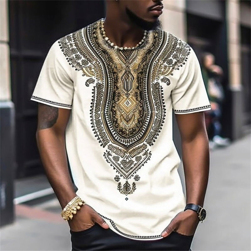 Men Fashion Casual Holiday Ethnic Style 3D Print Plus Size Short Sleeve Round Neck T-Shirt