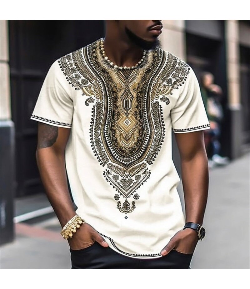 Men Fashion Casual Holiday Ethnic Style 3D Print Plus Size Short Sleeve Round Neck T-Shirt