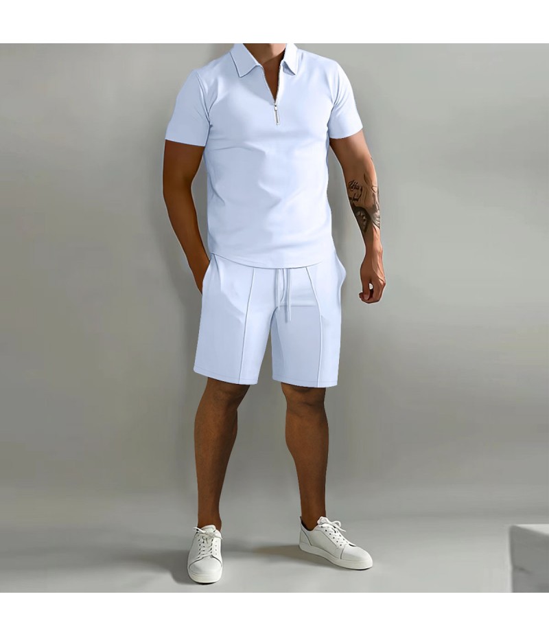 Men Fashion Casual Basic Solid Color Short Sleeve Lapel Zipper Polo Shirt Shorts Set