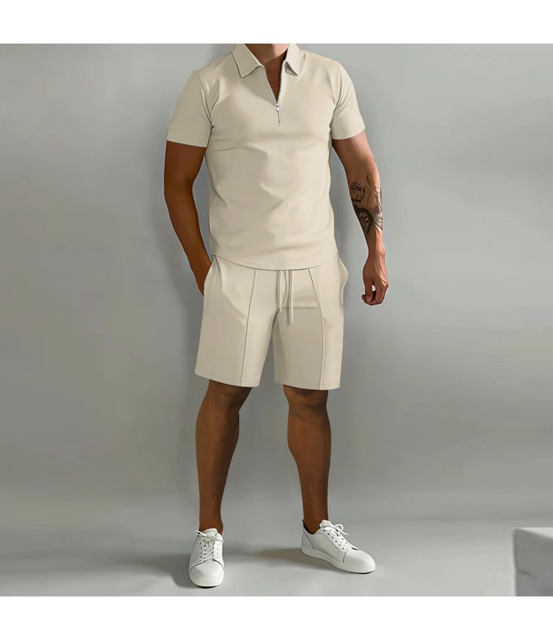 Men Fashion Casual Basic Solid Color Short Sleeve Lapel Zipper Polo Shirt Shorts Set